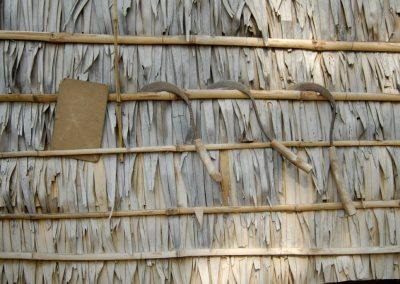 Faucilles accrochées, rangées sur la façade d'une maison, village de Sra Srang, province de Siem Reap.