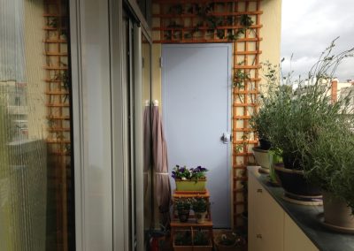 Balcon vers la cuisine avec porte même couleur que le mur de la cuisine